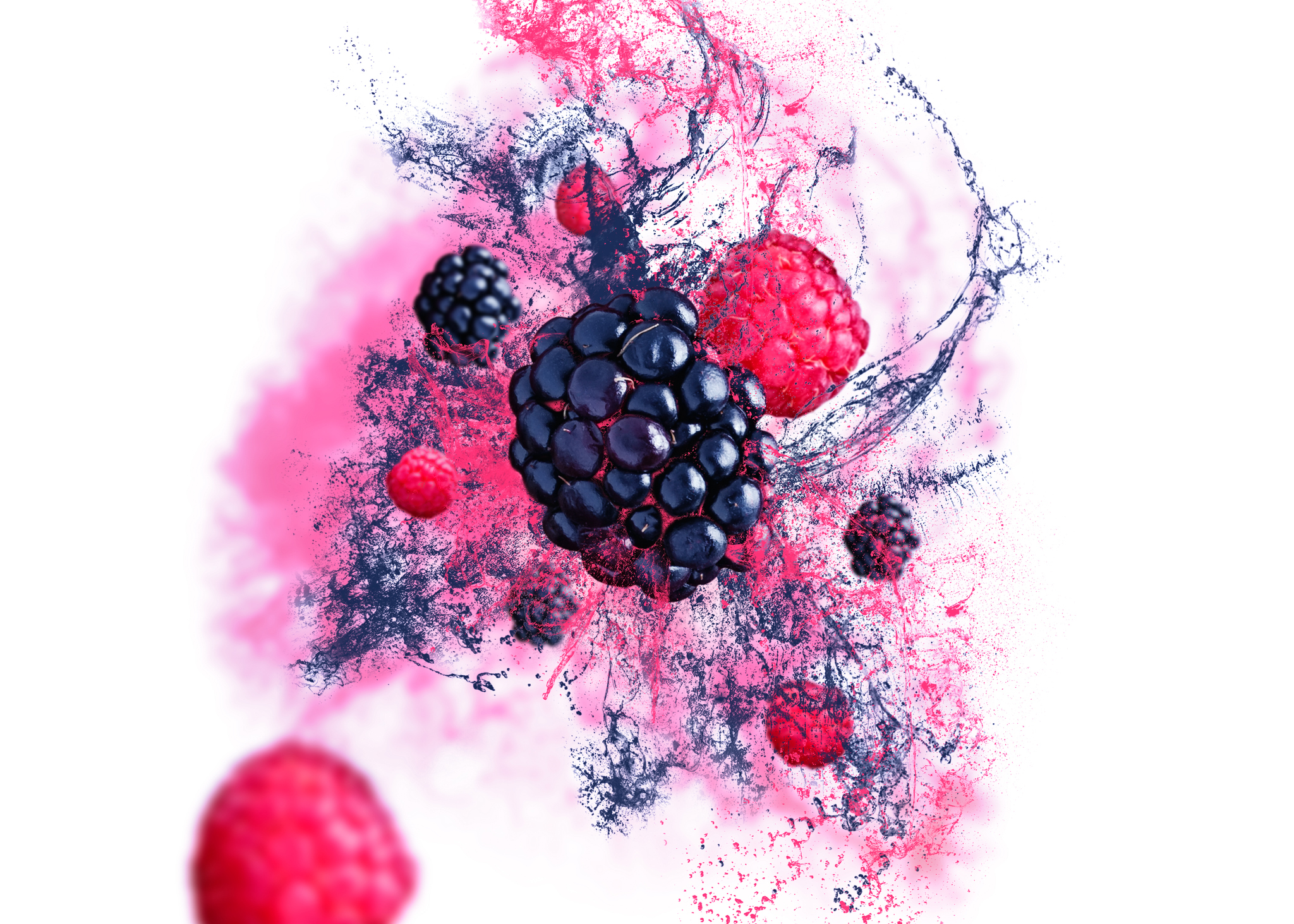 Raspberries and blackberries falling from the air on white background with fruit juice.